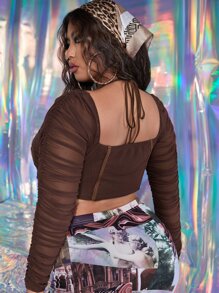 SHEIN áo nữ kích thước lớn Xù Buộc lại màu trơn Gợi cảm - Màu nâu Sô-cô-la - Xem 2