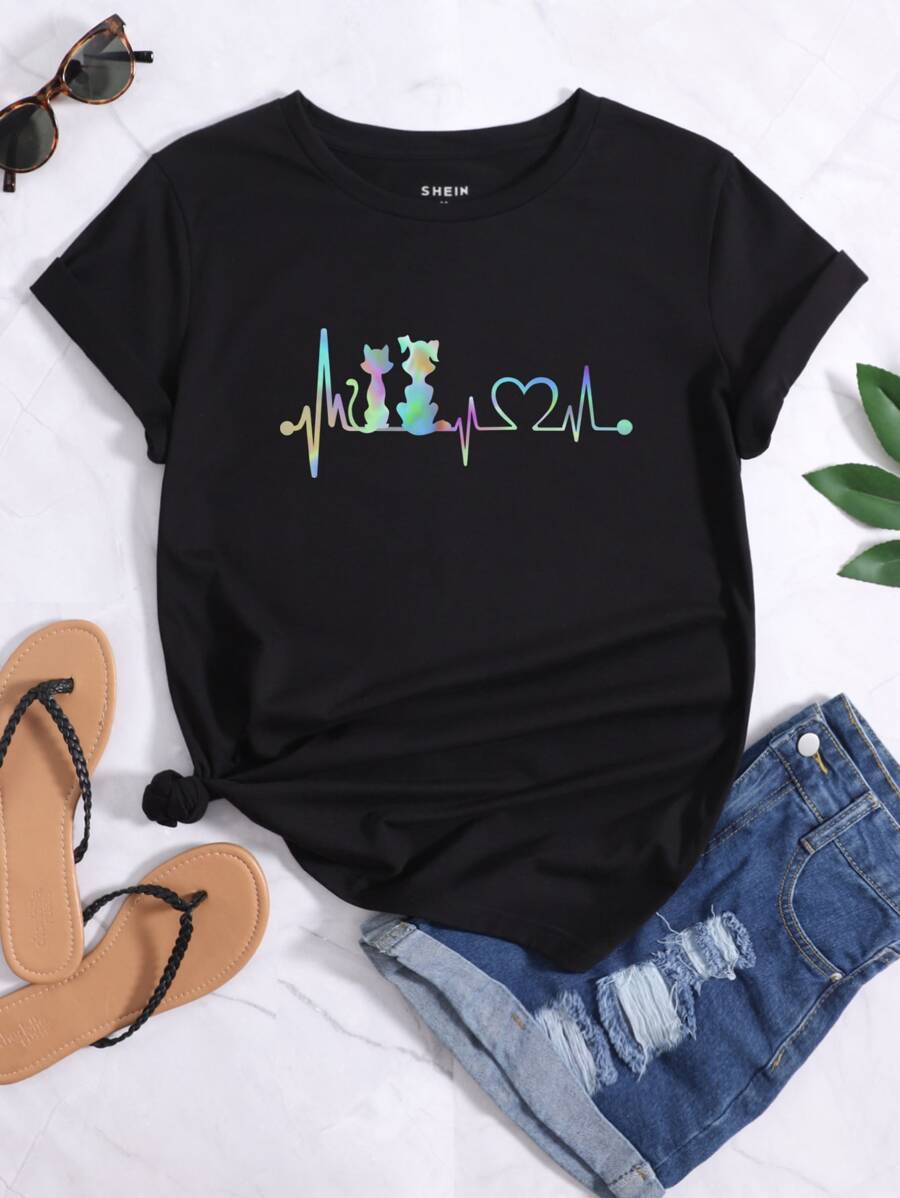 SHEIN LUNE Cartoon & Heart Print Tee - Black - View 1