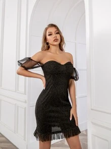 D&M 一字肩金屬亮絲緊身洋裝 - 黑色 - 查看 1