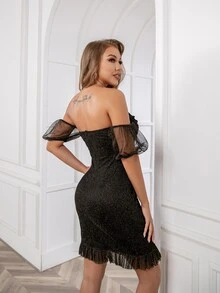 D&M 一字肩金屬亮絲緊身洋裝 - 黑色 - 查看 2