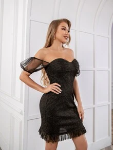 D&M 一字肩金屬亮絲緊身洋裝 - 黑色 - 查看 4