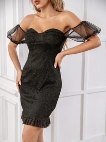 D&M 一字肩金屬亮絲緊身洋裝 - 黑色 - 查看 6