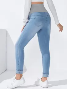 SHEIN 孕婦寬腰帶卷邊緊身牛仔褲 - 淺色水洗藍 - 查看 2
