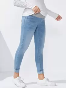 SHEIN 孕婦寬腰帶卷邊緊身牛仔褲 - 淺色水洗藍 - 查看 3