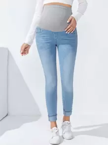SHEIN 孕婦寬腰帶卷邊緊身牛仔褲 - 淺色水洗藍 - 查看 4