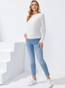 SHEIN 孕婦寬腰帶卷邊緊身牛仔褲 - 淺色水洗藍 - 查看 5