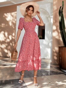 SHEIN VCAY 小碎花系帶露背泡泡袖荷葉邊洋裝 - 紅白色 - 查看 1