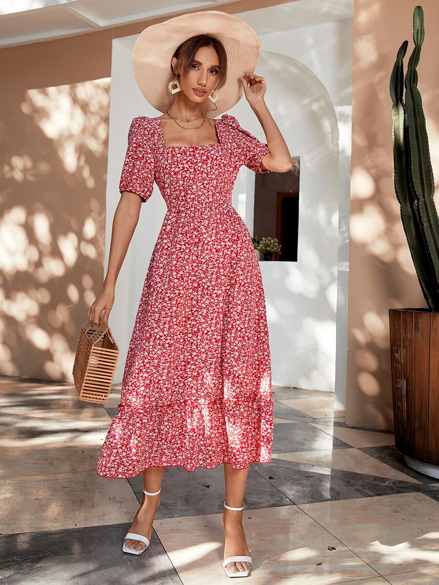 SHEIN VCAY 小碎花系帶露背泡泡袖荷葉邊洋裝 - 紅白色 - 查看 1