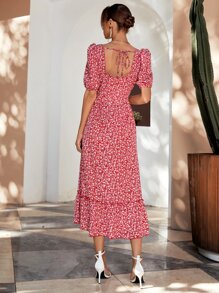 SHEIN VCAY 小碎花系帶露背泡泡袖荷葉邊洋裝 - 紅白色 - 查看 2