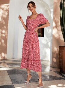 SHEIN VCAY 小碎花系帶露背泡泡袖荷葉邊洋裝 - 紅白色 - 查看 4