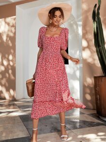 SHEIN VCAY 小碎花系帶露背泡泡袖荷葉邊洋裝 - 紅白色 - 查看 5