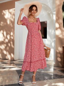 SHEIN VCAY 小碎花系帶露背泡泡袖荷葉邊洋裝 - 紅白色 - 查看 6