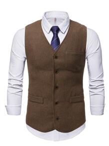 Manfinity Mode Men Patched Pocket Wool-Mix Waistcoat Without Blouse - Coffee Brown - View 3