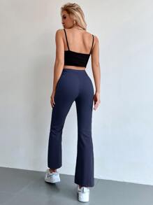 SHEIN Unity Seam Front High Waist Flare Leg Pants - Navy Blue - View 2