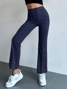 SHEIN Unity Seam Front High Waist Flare Leg Pants - Navy Blue - View 3
