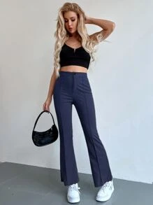 SHEIN Unity Seam Front High Waist Flare Leg Pants - Navy Blue - View 4