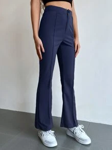 SHEIN Unity Seam Front High Waist Flare Leg Pants - Navy Blue - View 5