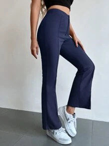 SHEIN Unity Seam Front High Waist Flare Leg Pants - Navy Blue - View 6