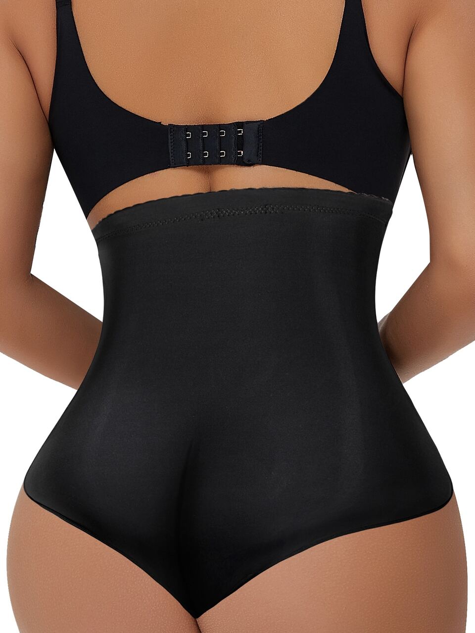 Women's Black High Waisted Shapewear Shorts With Button Front Detail, High Stretch And Semi-Sheer Fabric For Casual Comfort