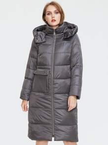 Abrigo con capucha acolchado, de talla grande, con cremallera y bolsillos con solapa - Gris - Ver 1