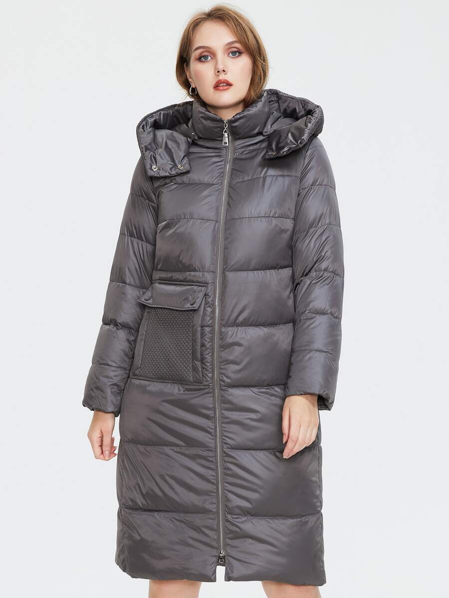 Abrigo con capucha acolchado, de talla grande, con cremallera y bolsillos con solapa - Gris - Ver 1