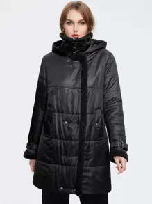 Astrid Plus Size Double Breasted Contrast Shearling Binding Padded Coat - Black - View 1