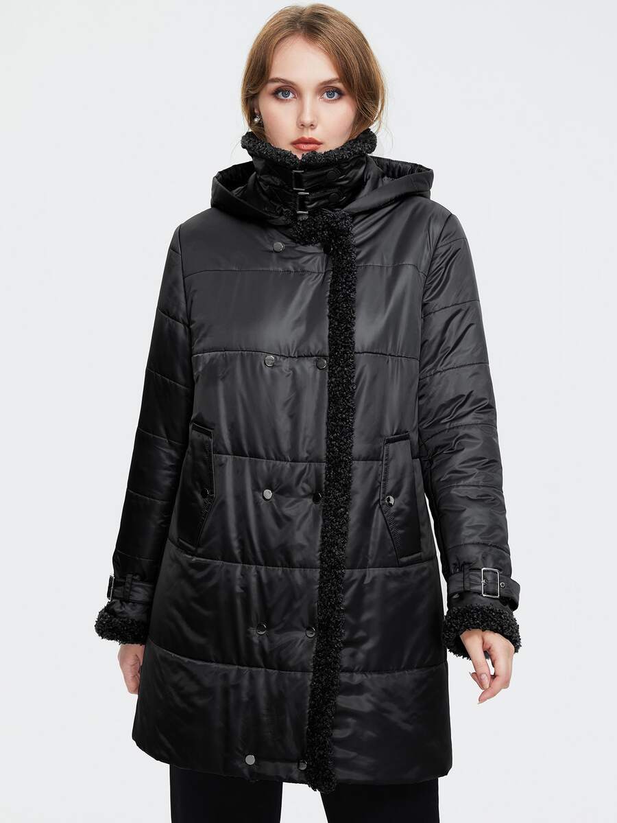 Astrid Plus Size Double Breasted Contrast Shearling Binding Padded Coat - Black - View 1