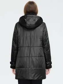 Astrid Plus Size Double Breasted Contrast Shearling Binding Padded Coat - Black - View 2