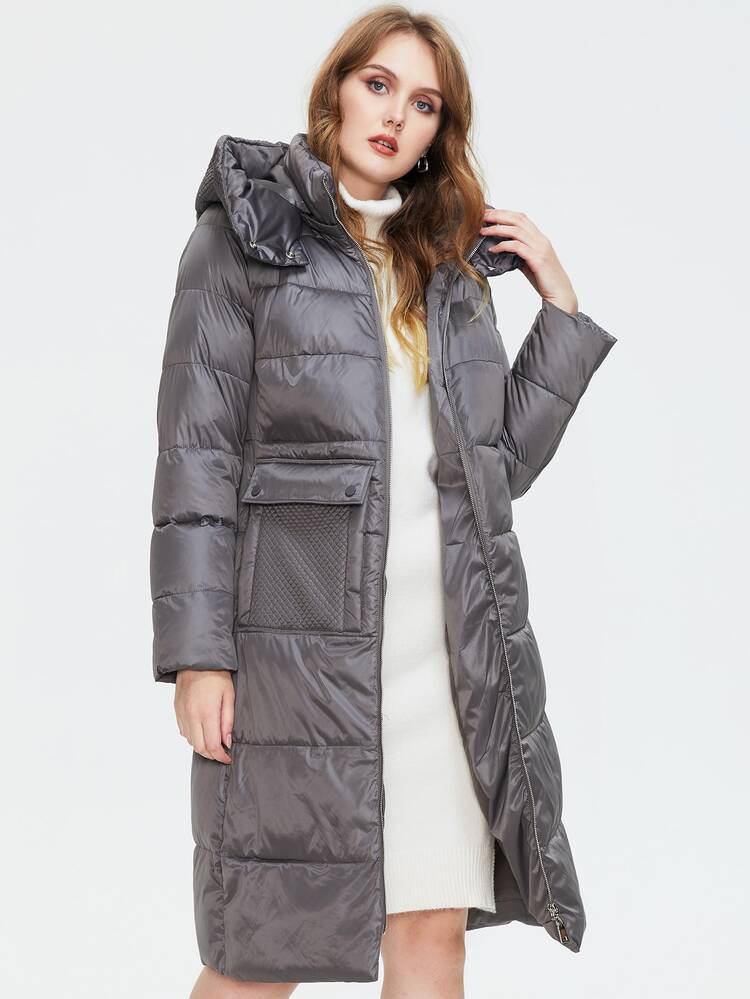 Abrigo con capucha acolchado, de talla grande, con cremallera y bolsillos con solapa - Gris - Añade 5