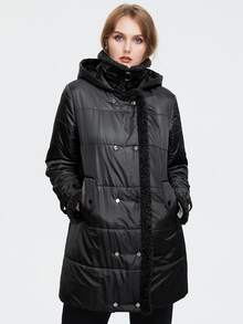 Astrid Plus Size Double Breasted Contrast Shearling Binding Padded Coat - Black - View 3
