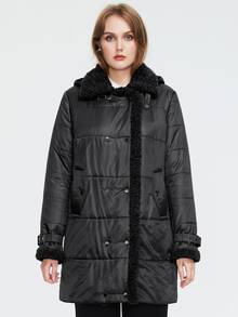 Astrid Plus Size Double Breasted Contrast Shearling Binding Padded Coat - Black - View 4