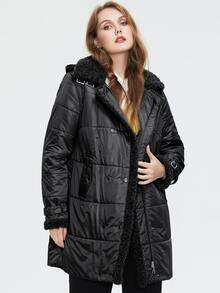 Astrid Plus Size Double Breasted Contrast Shearling Binding Padded Coat - Black - View 5