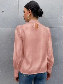 SHEIN Privé Tie Neck Puff Sleeve Satin Blouse - Dusty Pink - View 2
