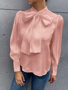 SHEIN Privé Tie Neck Puff Sleeve Satin Blouse - Dusty Pink - View 3