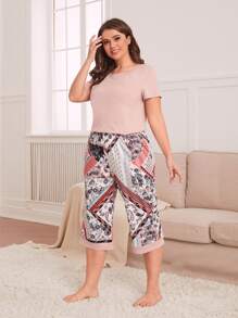 大碼素色T恤和佩斯利絲巾圖案長褲睡衣套裝 - 彩色 - 查看 3