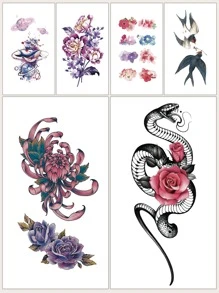 6pcs Floral & Snake Pattern Tattoo Sticker - Multicolor - View 1