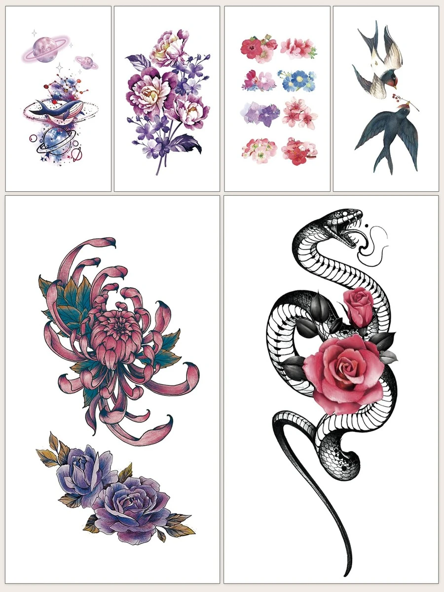 6pcs Floral & Snake Pattern Tattoo Sticker - Multicolor - View 1