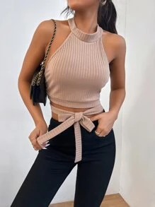 Tie Front Backless Criss Cross Halter Top - Apricot - View 1