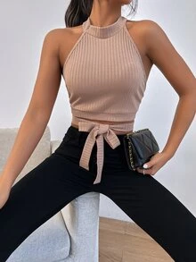 Tie Front Backless Criss Cross Halter Top - Apricot - View 3