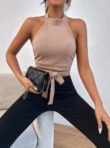 Tie Front Backless Criss Cross Halter Top - Apricot - View 4