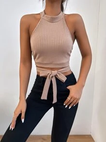 Tie Front Backless Criss Cross Halter Top - Apricot - View 6
