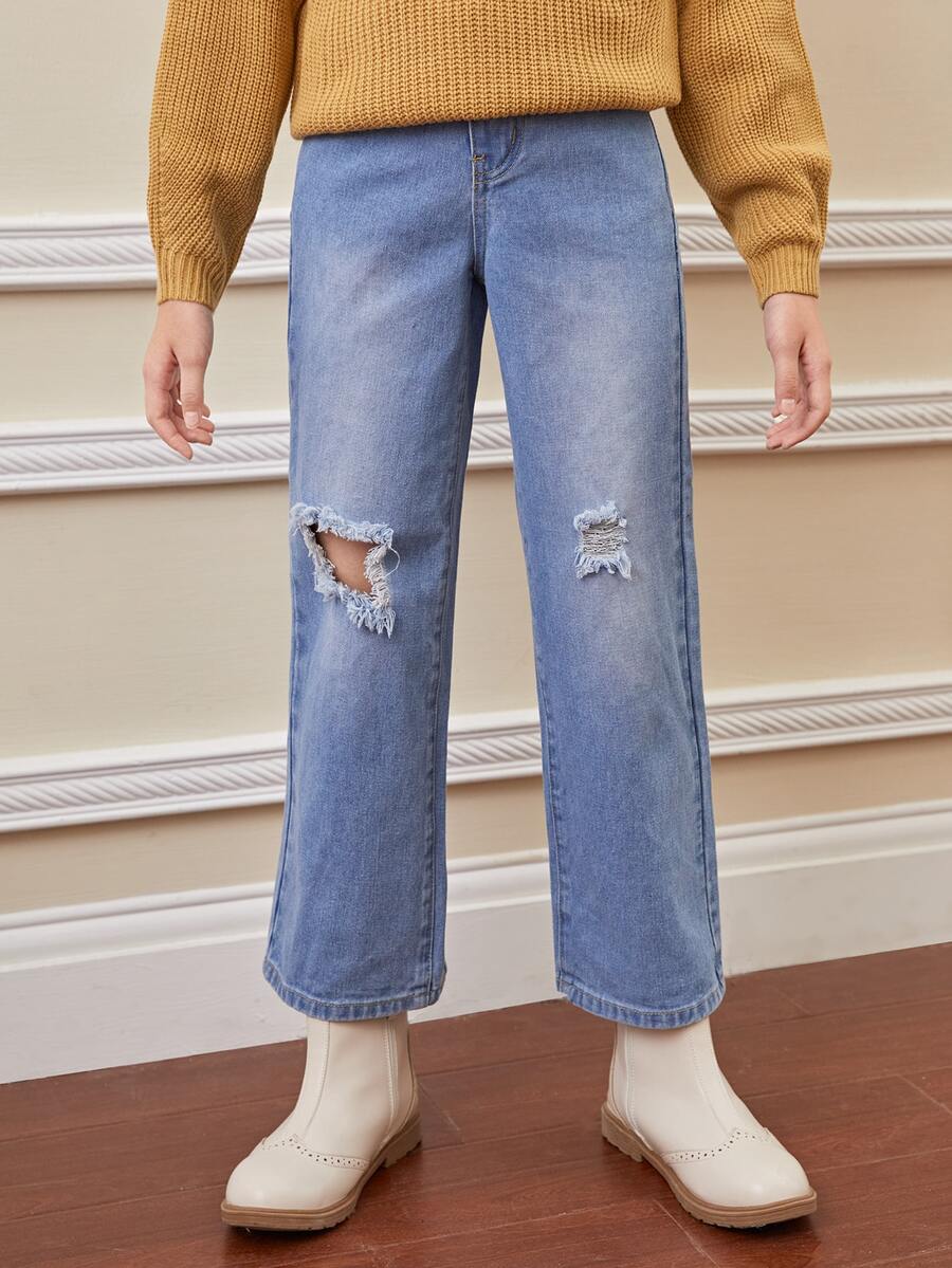 SHEIN Niñas Jeans de pierna recta desgarro - Lavado ligero - Ver 1