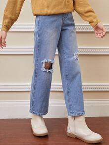 SHEIN Niñas Jeans de pierna recta desgarro - Lavado ligero - Ver 3