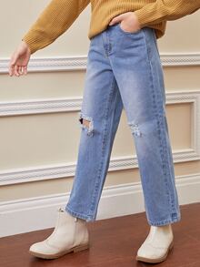 SHEIN Niñas Jeans de pierna recta desgarro - Lavado ligero - Ver 4