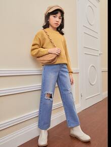 SHEIN Niñas Jeans de pierna recta desgarro - Lavado ligero - Ver 5