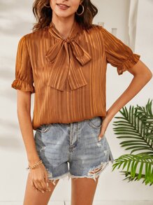 Áo sơ mi nữ Xù Thắt nơ trước màu trơn Thanh lịch - gừng - Xem 1