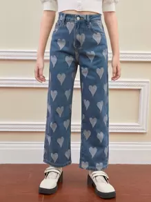 SHEIN 女孩愛心圖案闊腿牛仔褲 - 中等水洗藍 - 查看 1
