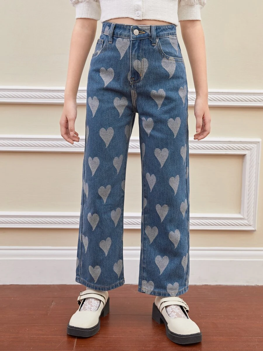 SHEIN 女孩愛心圖案闊腿牛仔褲 - 中等水洗藍 - 查看 1