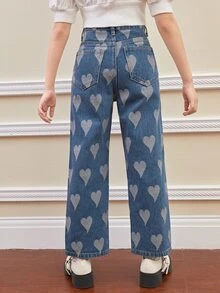 SHEIN 女孩愛心圖案闊腿牛仔褲 - 中等水洗藍 - 查看 2