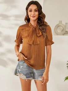 Áo sơ mi nữ Xù Thắt nơ trước màu trơn Thanh lịch - gừng - Xem 4